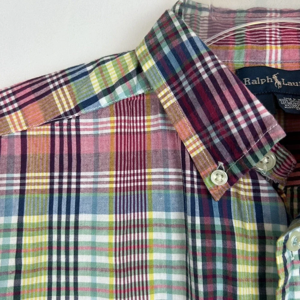 Ralph Lauren Shirt Boys L Madras Plaid Button Down Preppy Cotton Shirt Sleeve